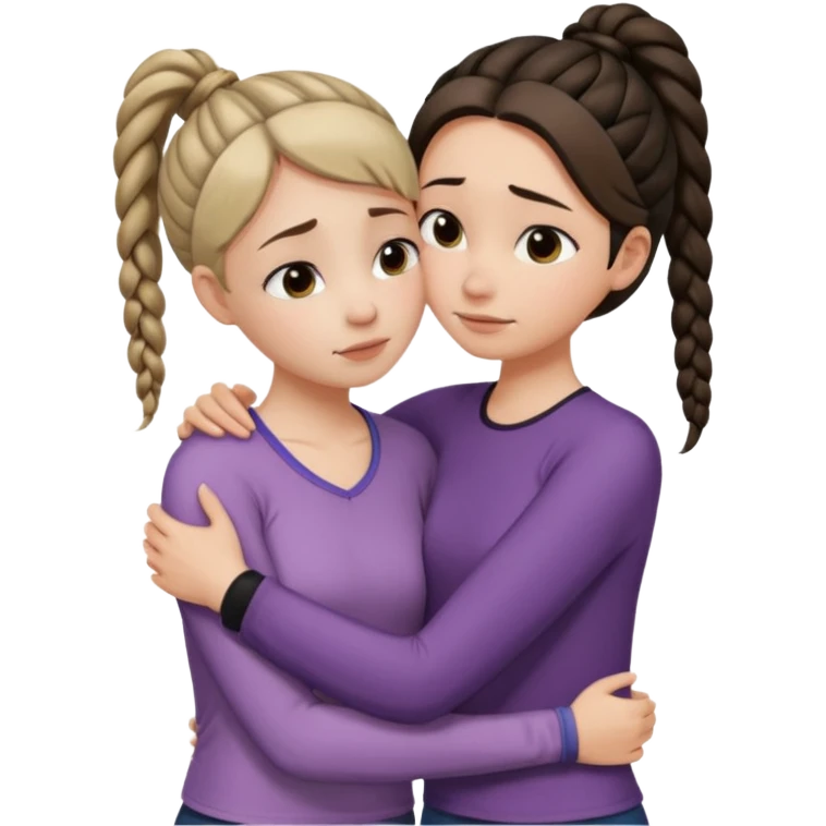 Comforting Hug two white skin women, one shorter woman with medium brown simple top ponytail, not braided, and one taller skinny sad face woman with a single long black side braid emoji