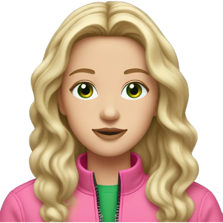white girl with green eyes and long wavy hair with a pink quarter zip up jacket emoji