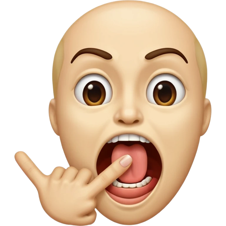 A finger pointing at an open mouth with mouth o to indicate hungry emoji