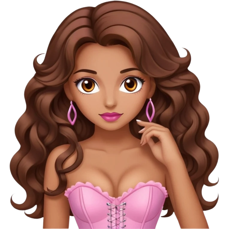 Une femme à la peau mat et aux cheveux long, châtain et ondulé. Elle a les yeux marron et elle est maquiller, elle porte un corset rose.  emoji
