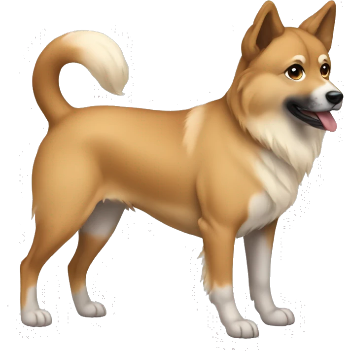 Light brown Eurasian dog standing. His face and back is full of dark brown spots emoji