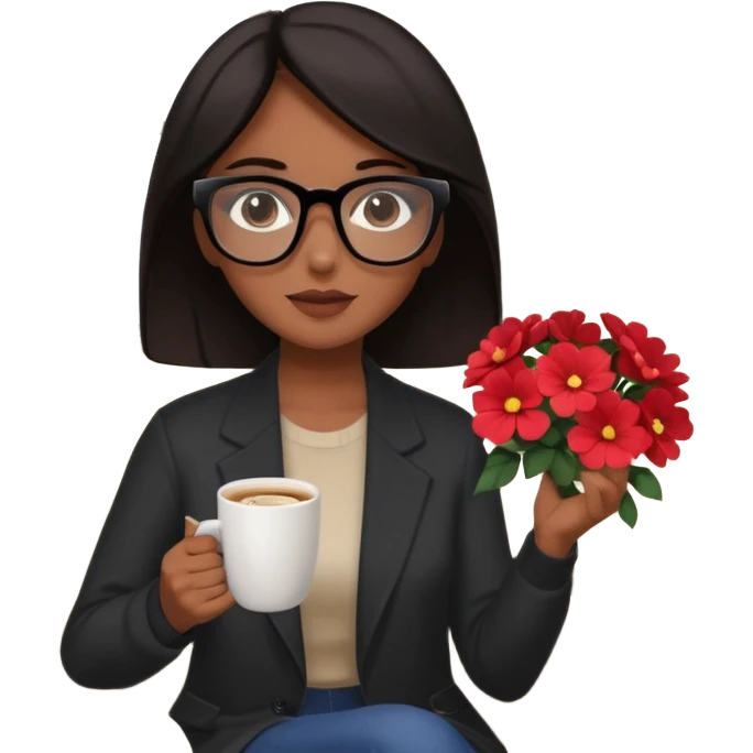 Chica de pelo negro ojos negros y piel morena con lentes oversize square GAFAS DE LEER BIEN GRANDES  , sentada en una sala de casa , en la mano derecha una taza de cafe con una flor negra de diseno. Sentada mirando un drama koreano en la television.  emoji