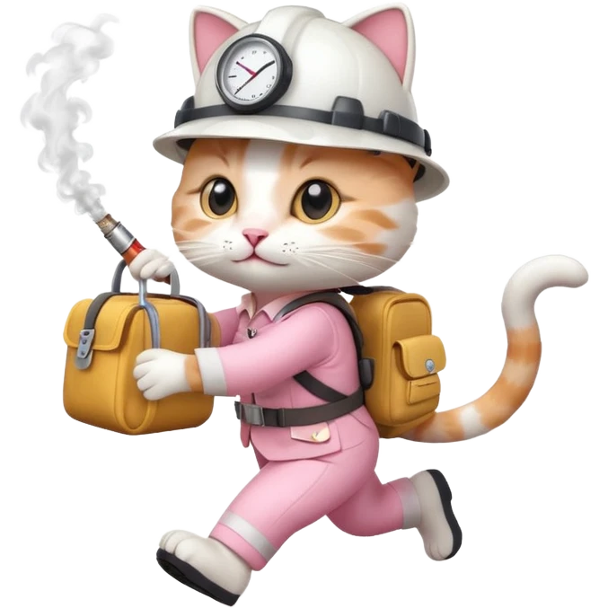 A cute white and pink cat dressed as engineer with a white helmet running very fast carrying her cute bag leaving a smoking footsteps emoji