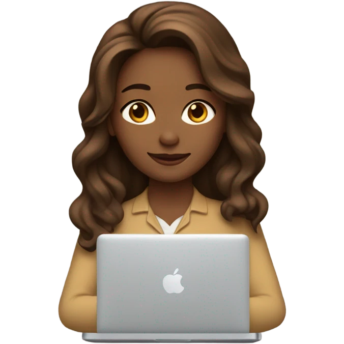 a woman with brown long wavy hair and brown eyes and white skin with macbook emoji