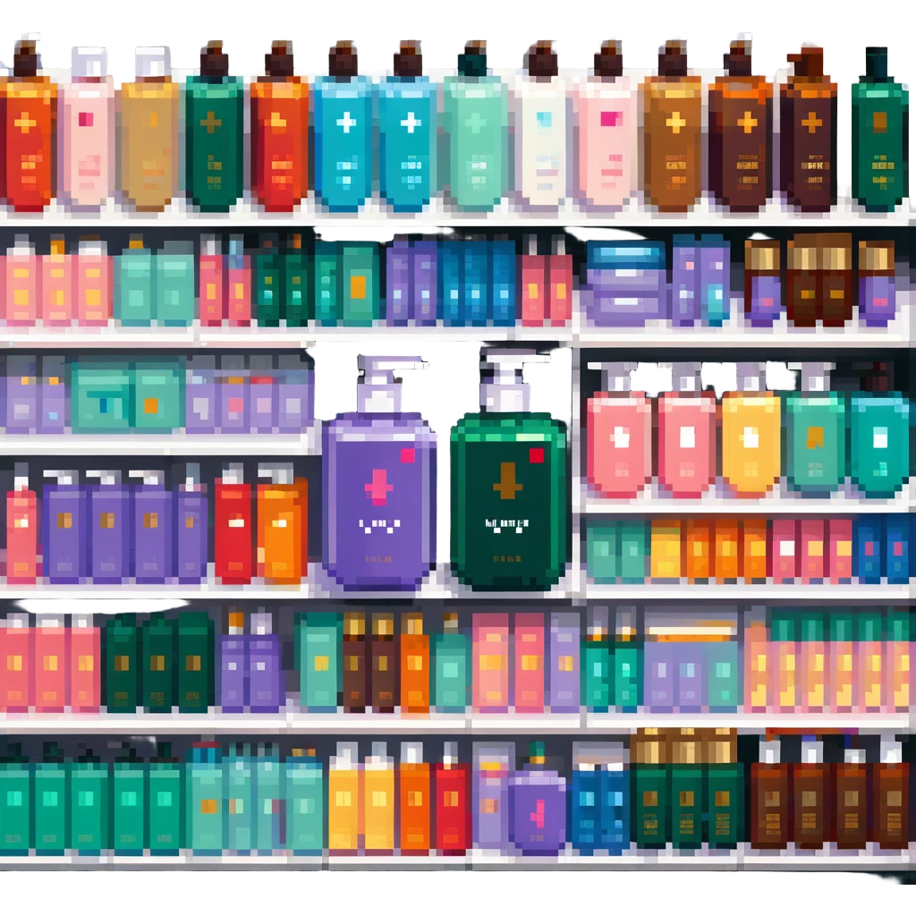 Shampoo bottle, color tube, and conditioner standing on a shelf, products are luxury brand-labeled emoji