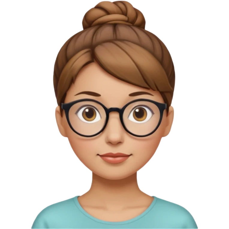 femme de 38 ans avec des cheveux châtain clair, un chignon haut, yeux bruns, lunettes rondes emoji