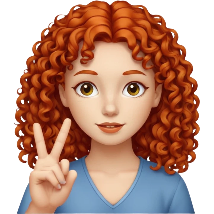 Redheaded girl with curly hair doing peace sign emoji