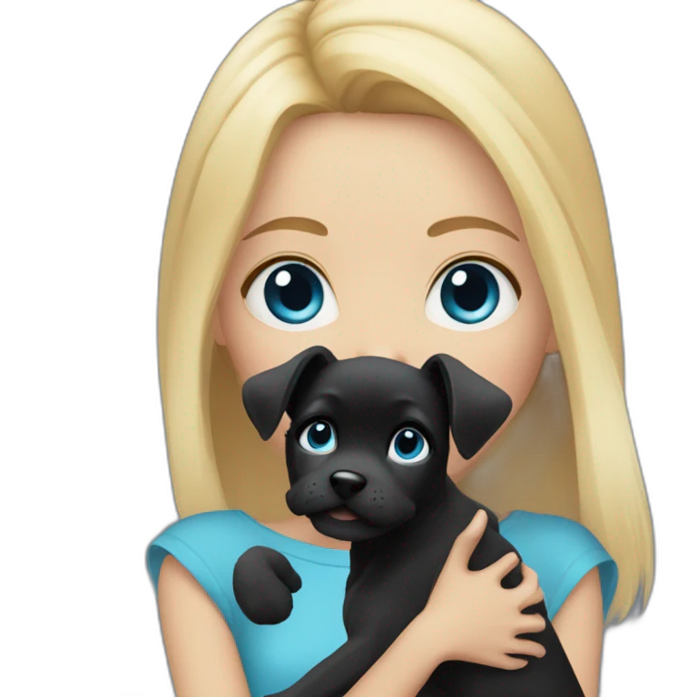 girl with straight blonde hair and blue eyes holding a fluffy black puppy emoji