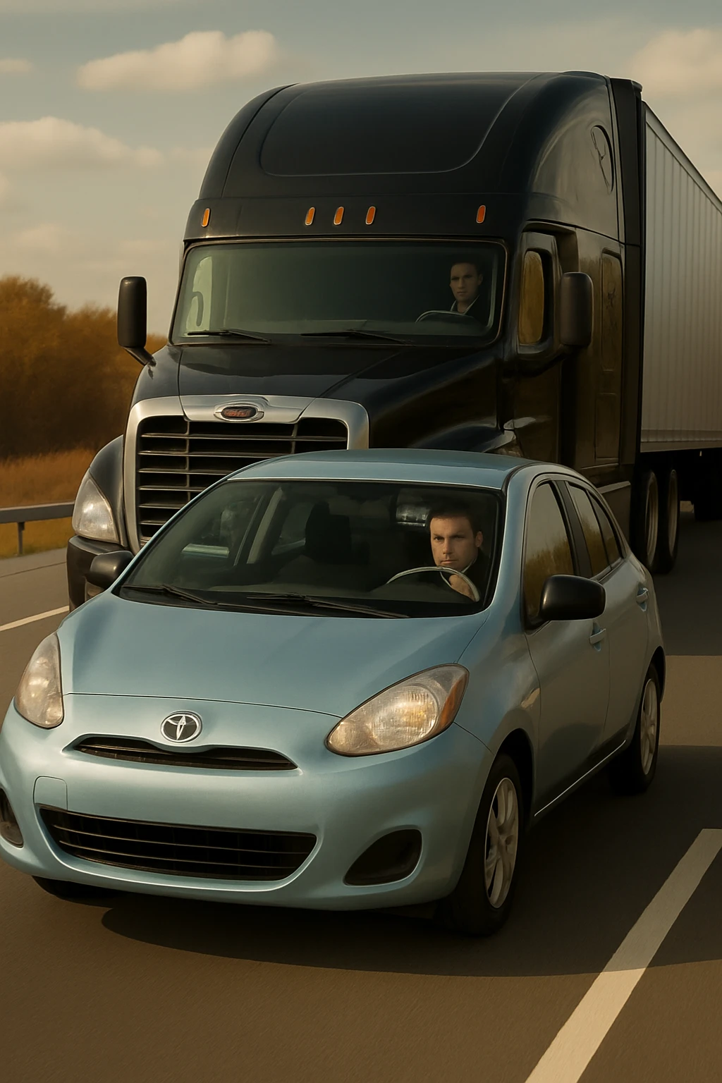 Remove the year 2026 from the black truck, add a visible person inside the car in front, keep the truck black and the rest of the scene the same. emoji