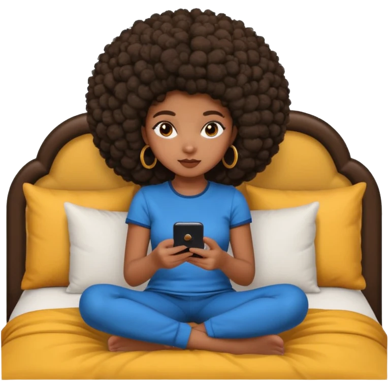 a slim thick black girl sitting on her bed with a big afroon her phone emoji