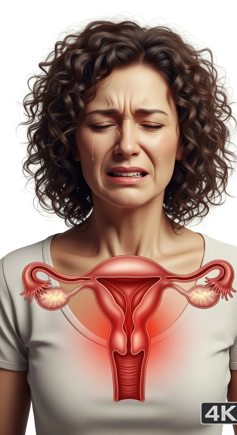 donna con utero umano realistico in evidenza dolorante, espressione di dolore in volto, sfondo bianco, non farla computerizzata, ma iperrealistica 4k emoji