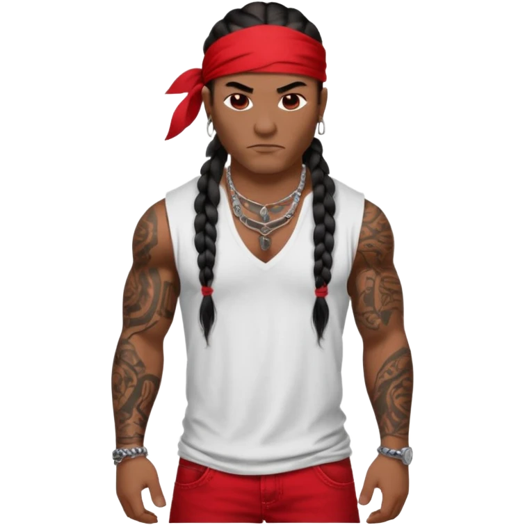Samoan male with loose fitting white t-shirt. Red bandana. Red jeans. long braided hair, very muscular, tattoos. street culture clothing. Tough and menacing. Gangster loca. emoji