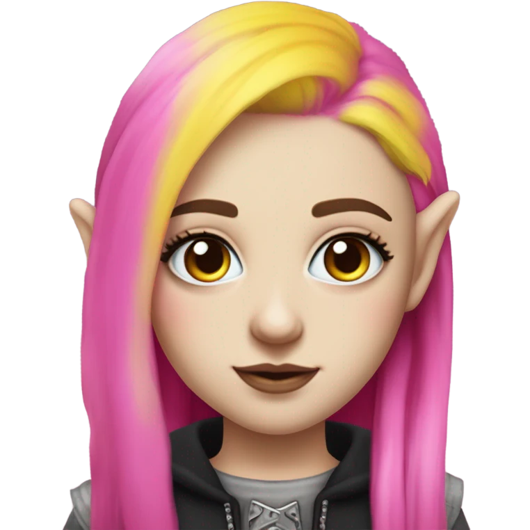 Blue eyed long eye lashes blonde and pink hair pale hime gyaru girl, hot pink and yellow split-dyed hair, nose ring, elf ears, dark makeup, punk clothes emoji