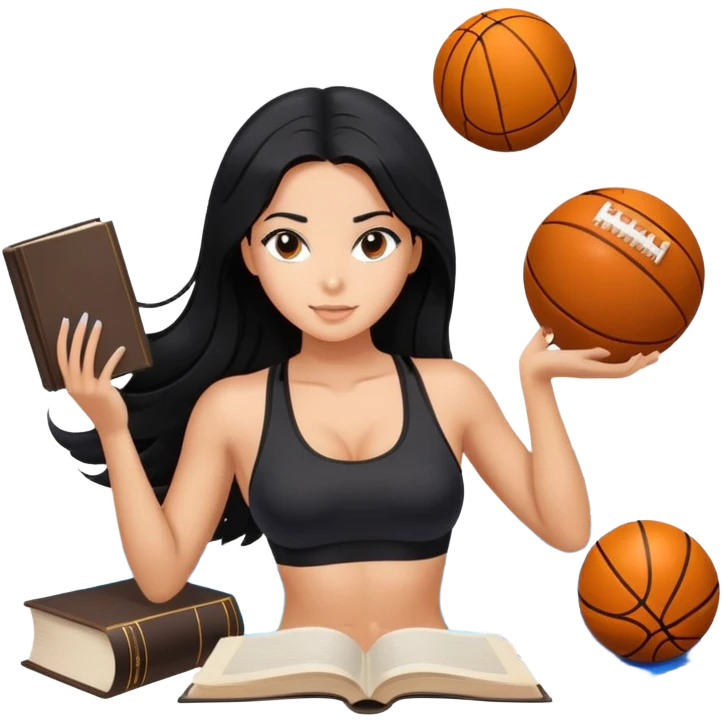differemt hobbies floating back ground, 1 book, art, and sports, tanned long black hair woman, sexy black sports bra  emoji