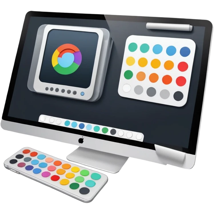 digital screen showing a basic logo being edited, with vector handles and a color palette emoji
