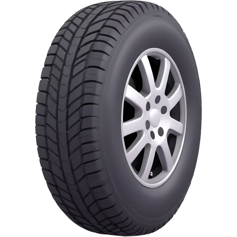 3D emoji style car tire, angled view, black rubber with tread, silver rim, simple and expressive emoji