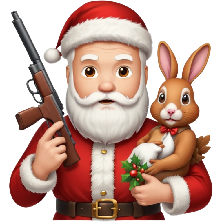 Santa holding a gun shooting a turkey and rabbit emoji