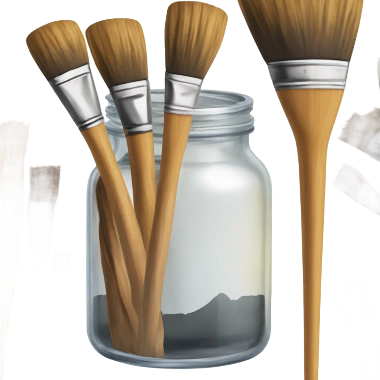 glass jar of wooden paint brushes next to watercolor set emoji