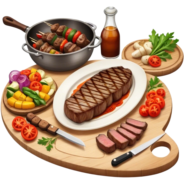 icon featuring a chef’s hat, a cutting board with fresh ingredients, a knife, a beautifully cooked ribeye steak, shashlik skewers, and a plate of food in the making. The design captures the passion of cooking with warm, inviting colors, and realistic textures. Transparent background. emoji