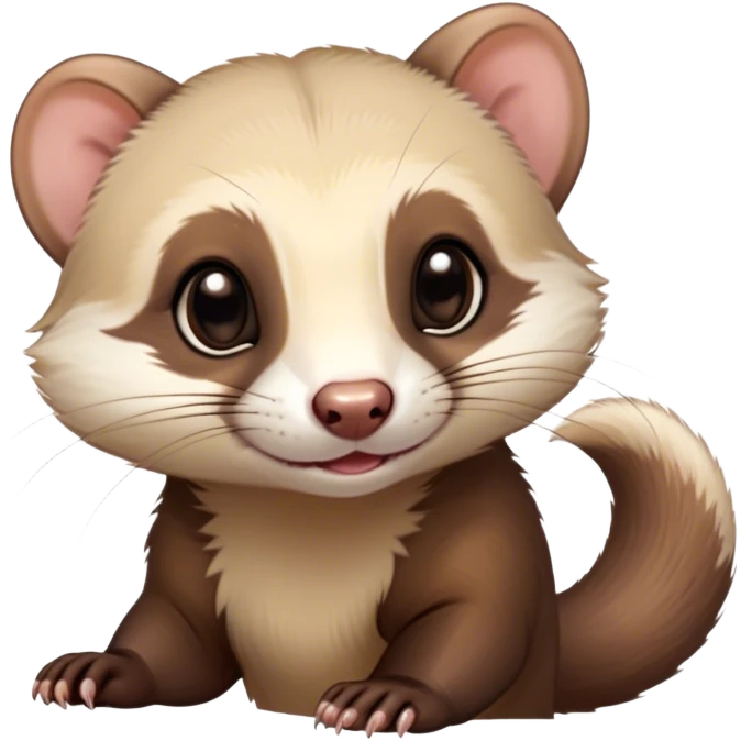 Cinematic Cute sable ferret Portrait Emoji, Head tilted playfully, with an elongated, flexible body and a characteristically curious expression, featuring a short, pointed snout, bright, sparkling eyes, and soft fur in warm brown and cream tones, Simplified yet irresistibly adorable features, highly detailed, glowing with a warm, friendly glow, high shine, affectionate and lively, stylized with a touch of whimsical mischief, soft glowing outline, capturing the essence of a fun-loving and mischievous sable ferret that feels like it could scamper straight into your heart! emoji