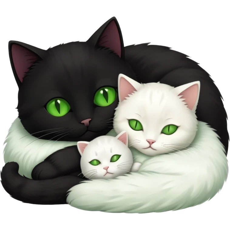 Big black cat with green eyes is sleeping with a small white cat emoji