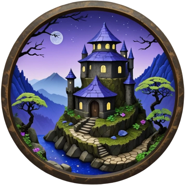  Ancient saucer-castle-house jungle winding trail mountainside getaway haunted nighttime landscape antique mudman very old broken cracked intricately detailed Stone Age lapis-crusted irregular dodecagon-shaped shallow dark moss rough bark violet flowered maple bonsai Saikei scene  emoji