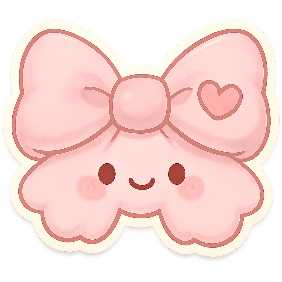chibi style bow, pastel pink, soft fabric, cute and fluffy, kawaii style, heart motif emoji