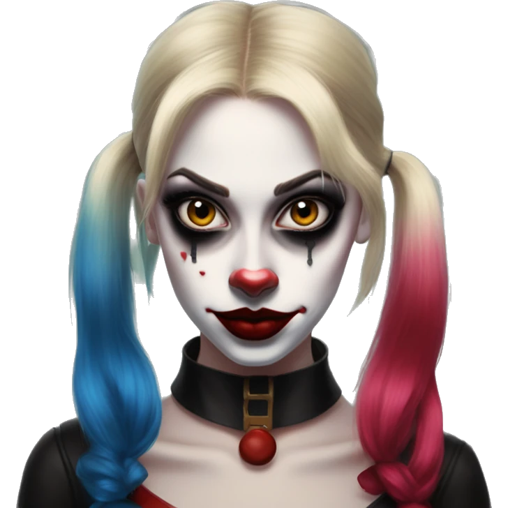 Mathematician in Harley Quinn style, oil paint, mysterious eyes, intricate lips, masterpiece portrait, odd perspective, beautiful, desirable, logical emoji