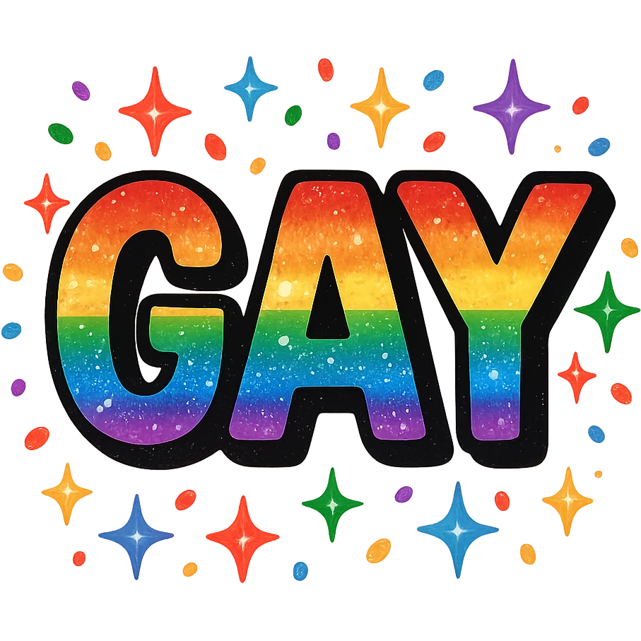 the word GAY with rainbow sparkles and confetti emoji