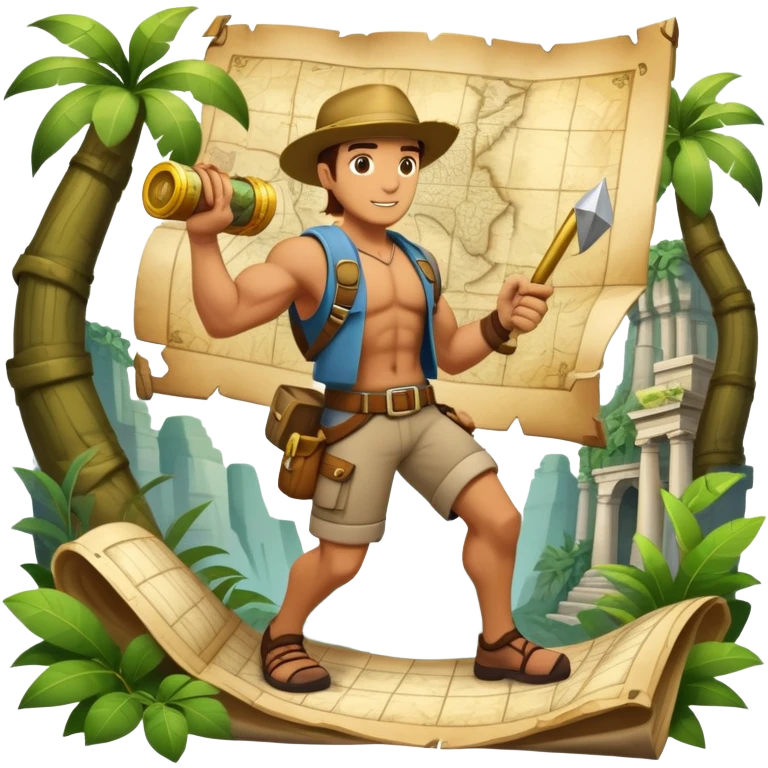 An icon featuring an adventurer in a dynamic action pose with treasure map, ancient ruins and jungle landscapes in the background. The design includes clues, hidden passages and climbing gear, symbolizing the thrill of exploration and discovery. Transparent background. emoji