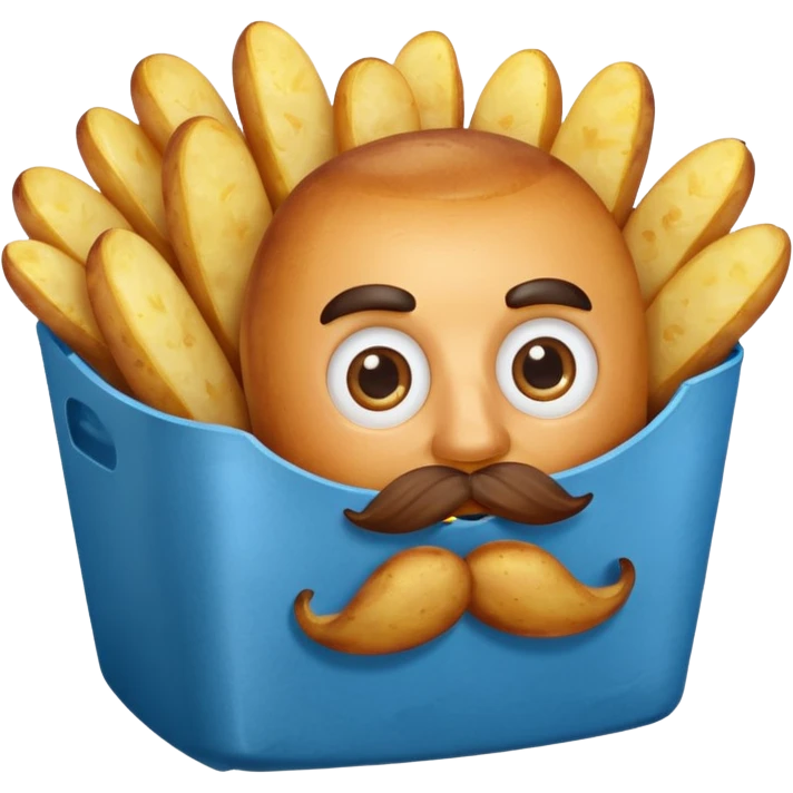 fried potatoes in a blue carton, carton has eyes and mustache emoji