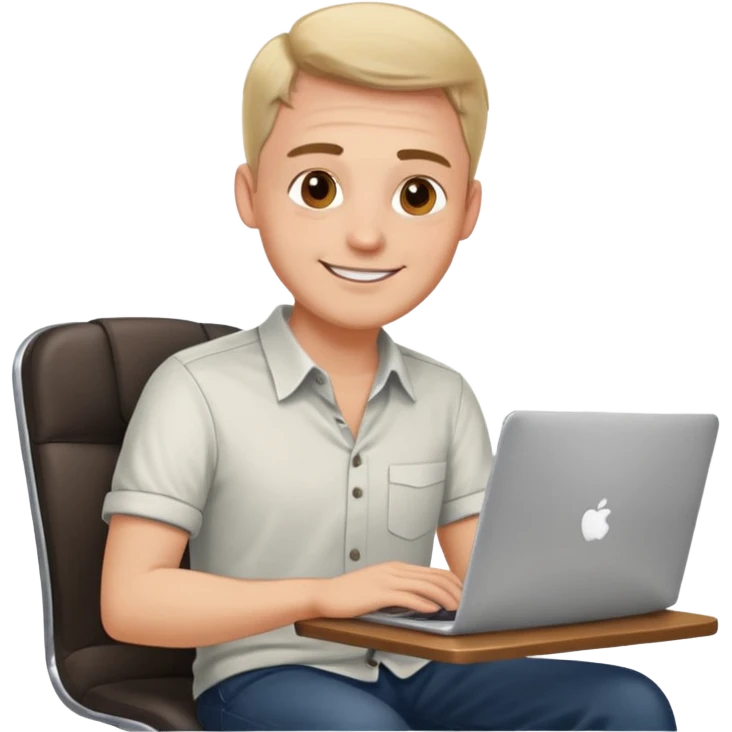 Rich man working setting on a chair in shirt and near the table with laptop he is german very beautiful looks like emoji