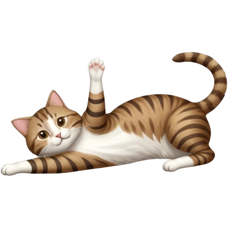 brown tabby and white cat with doing a big extremely long stretch reaching up into the air with arms and legs side by side together straight and overextended whilst lying on its side emoji