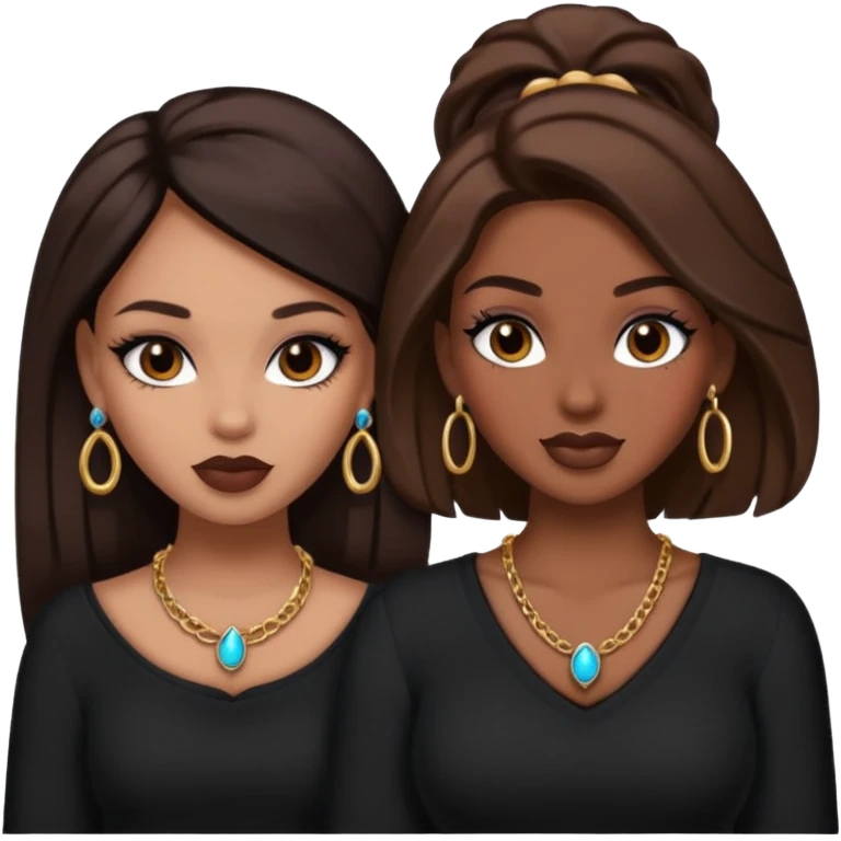 Boujy baddie best friends, trendy heavy makeup both dark hair one light skinned and one mocha brown pretty hair both wearing black and earrings and necklace one mocha brown skin emoji