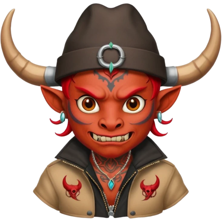 red demon with tattoos, hat, jacket and horns emoji