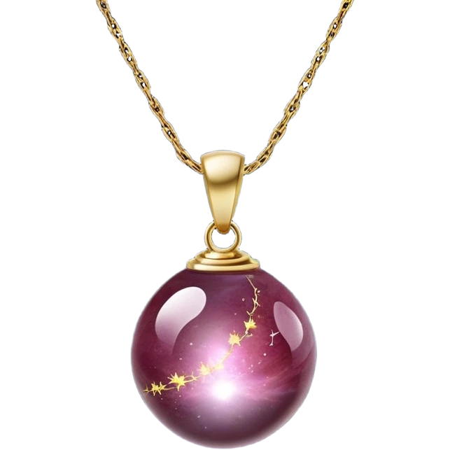 A polished round ball wine granite pendant suspended from a delicate gold chain, like a drop of enchanted starlight, glowing with the warmth of passion and the quiet power of transformation ethereal floating magical moving around... rebirth  emoji