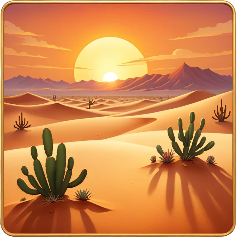 Cinematic Realistic Desert Emoji in a frame, Expansive and arid, with vast stretches of golden sand dunes and scattered cacti, the sun casting a warm, almost orange glow over the dry, cracked earth. The horizon blurs into a heat shimmer, while the occasional desert flower adds a splash of color to the barren landscape. Soft glowing outline, capturing the essence of the harsh yet stunning beauty of the desert, calm and quiet, filled with silence and mystery. emoji