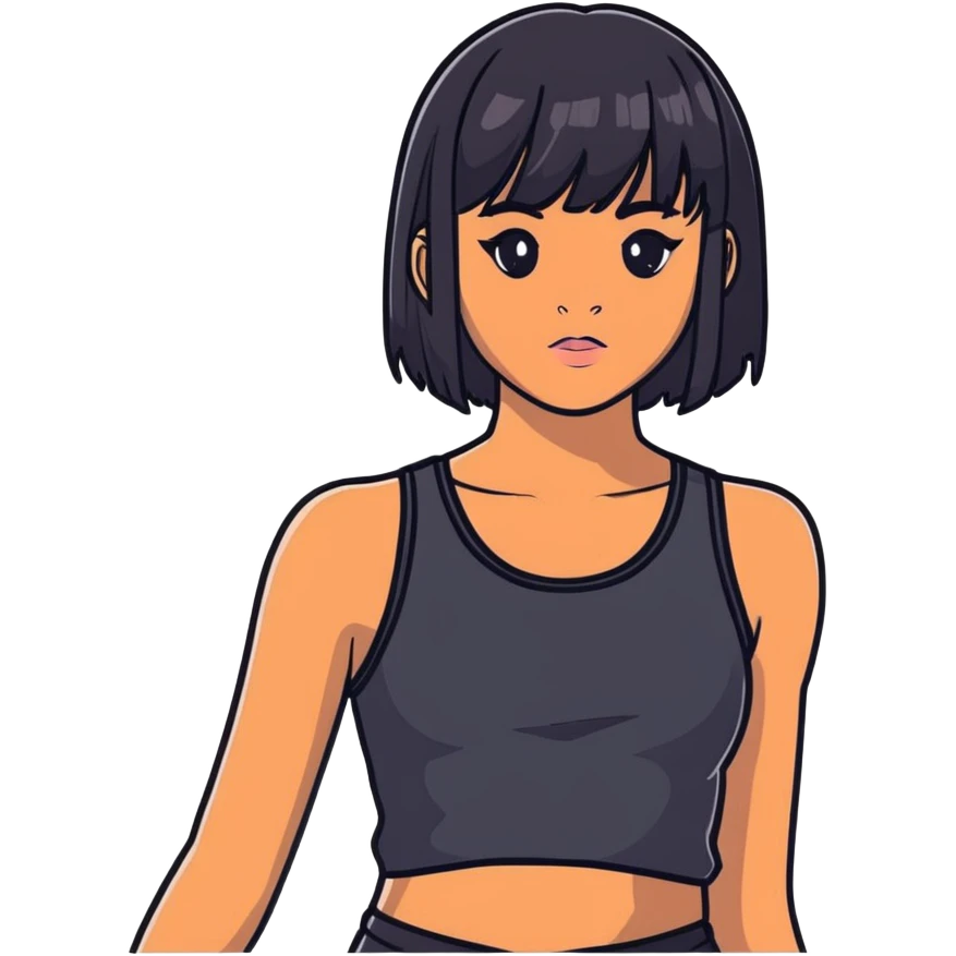 uma menina com cabelo medio pele escura de franja de delineado cabelo preto de regata preta com peitos emoji
