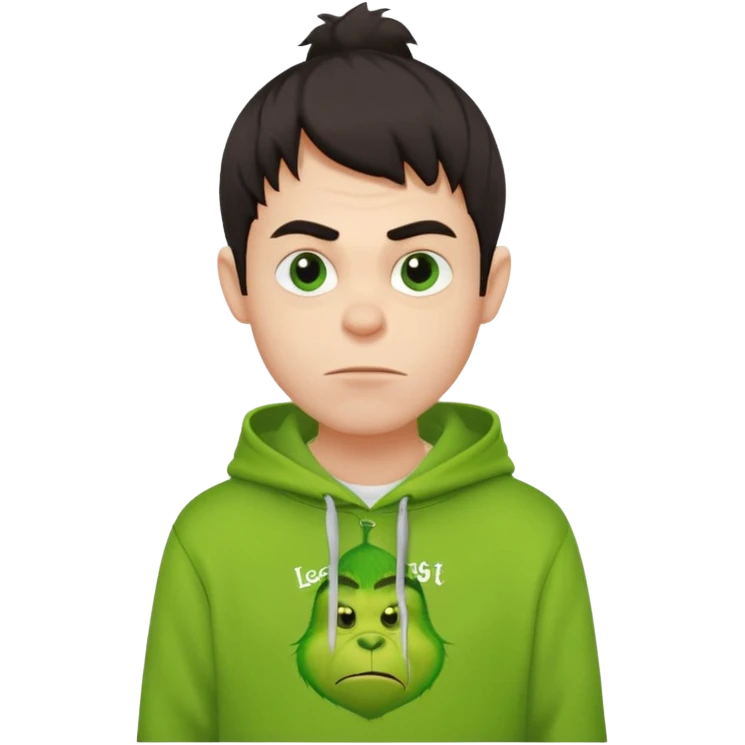 Create an avatar of white European with dark hair  male in hoodie with ``BST`` letters on it. Make background to look like from movie Grinch emoji