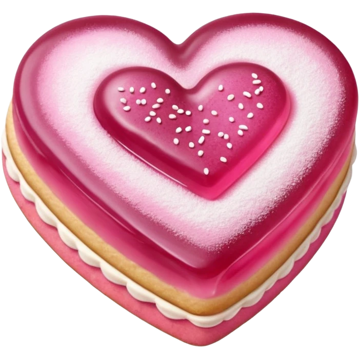 Realistic shortbread cookie in the shape of a heart with pink jelly middle filling and sprinkled powder sugar on top. emoji