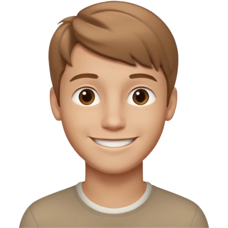 round emoji, smiling young man with light brown hair, neutral background, subtle 3D effect, high resolution, no text emoji