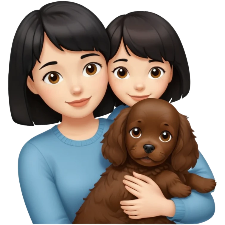 A girl with short black hair and bangs happily hugs a brown cocker spaniel emoji
