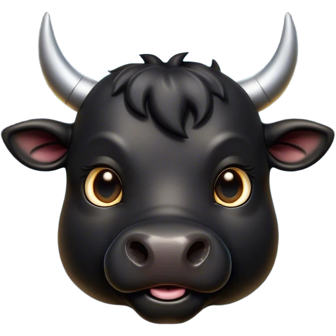 Cinematic Cute Black Bull Portrait Emoji, Head tilted playfully and inquisitively, featuring a glossy, robust black hide with a striking sheen, round, sparkling dark eyes filled with gentle curiosity, Simplified yet irresistibly adorable features, highly detailed, glowing with a warm, friendly glow, high shine, affectionate and imposing, stylized with a touch of rugged charm, bright and endearing, soft glowing outline, capturing the essence of a mischievous yet loving bull, so playful it feels like it could stomp out of the screen and into your arms! emoji
