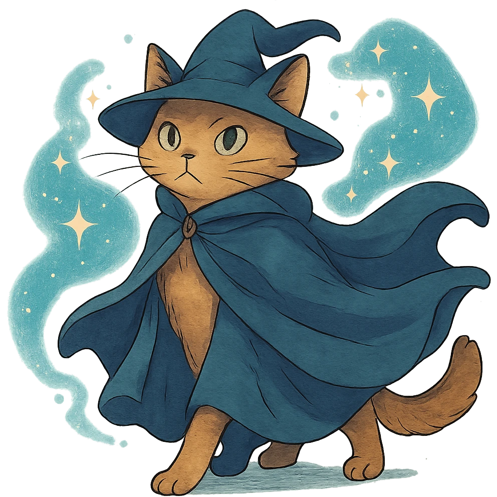 ghibli style wizard cat with a flowing cloak and magical aura emoji