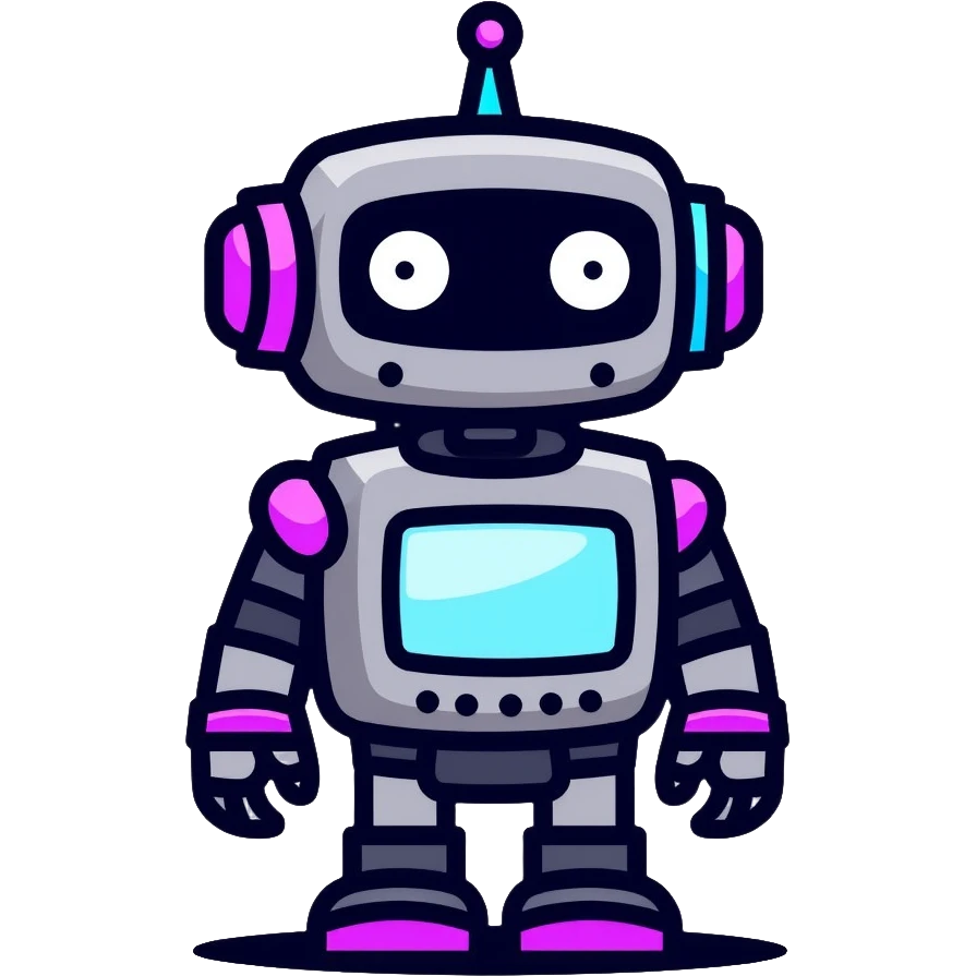 chatbot robot in gray color, with neon glow lines, blue neon glow on top left, purple neon glow on bottom right emoji