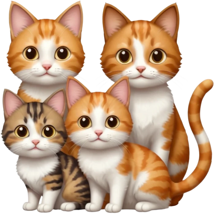 3 small cats different colours including brown tabby and white, light patchy calico, and ginger and white emoji