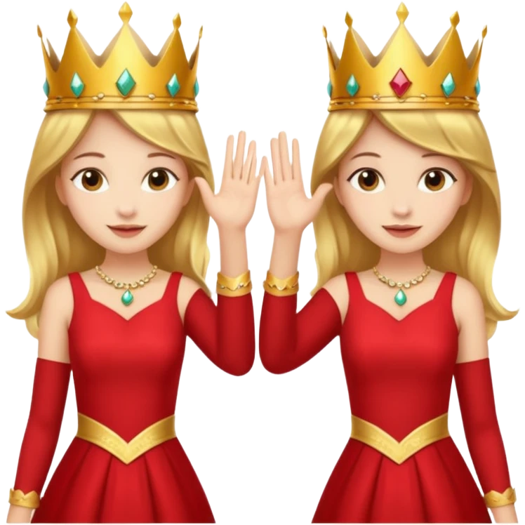 Two women wearing crowns and identical outfits giving each other a high five. emoji