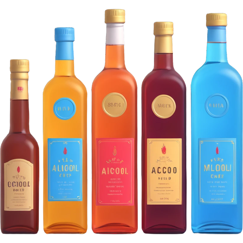 Four bottles of alcohol, each with distinct shapes and labels, arranged neatly in a row. The bottles should vary in color and size, with detailed labels and caps. emoji