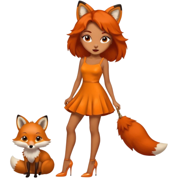 Pretty girl with caramel skin and freckles. Wearing a small sexy dress. Also dressed as a fox wearing heels emoji