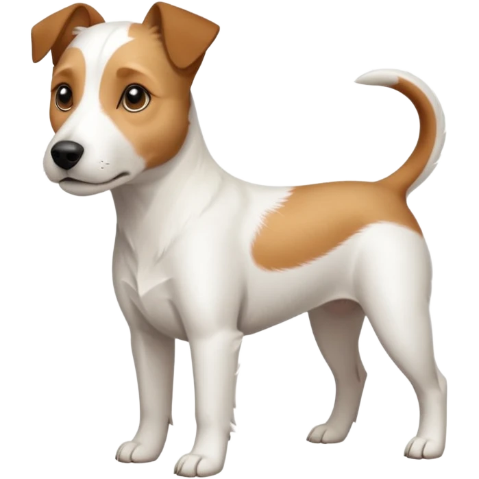 a full body slightly chubby white parson russell terrier looking dog the size of a kelpie with light brown long ears and a light brown patch on one eye and a large snout. the rest of the dog is completely white. forward facing emoji